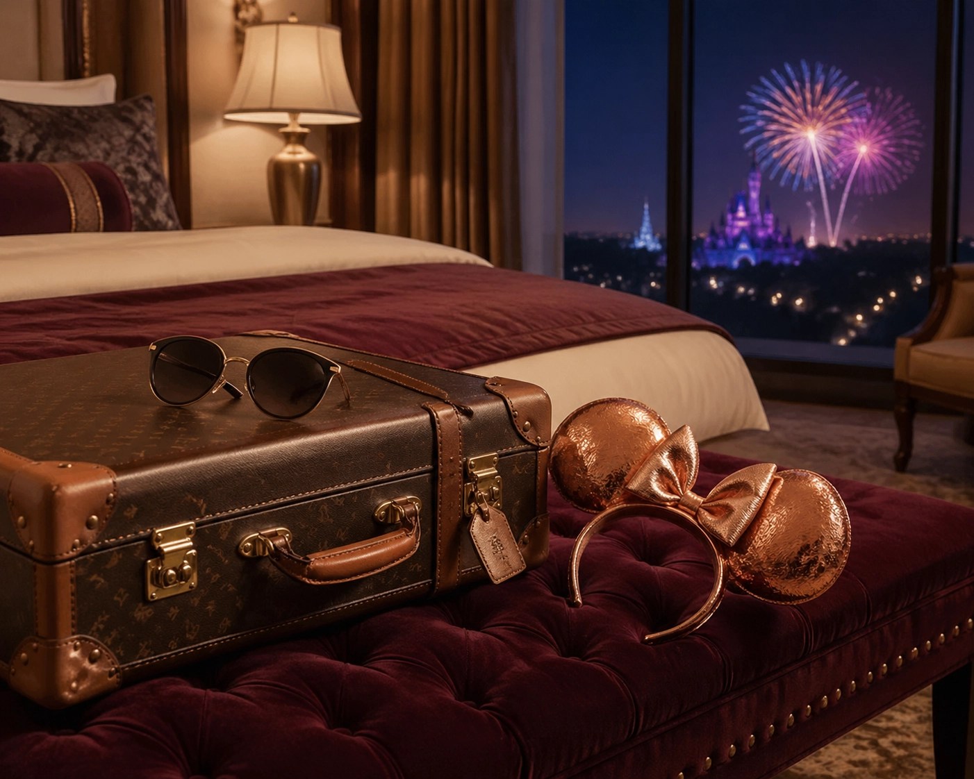 Designer luggage and Mickey ears in a luxury Disney villa with fireworks glowing in the night sky.
