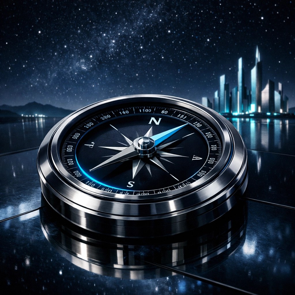 A futuristic compass representing the path forward through political transitions and navigating a new global landscape.