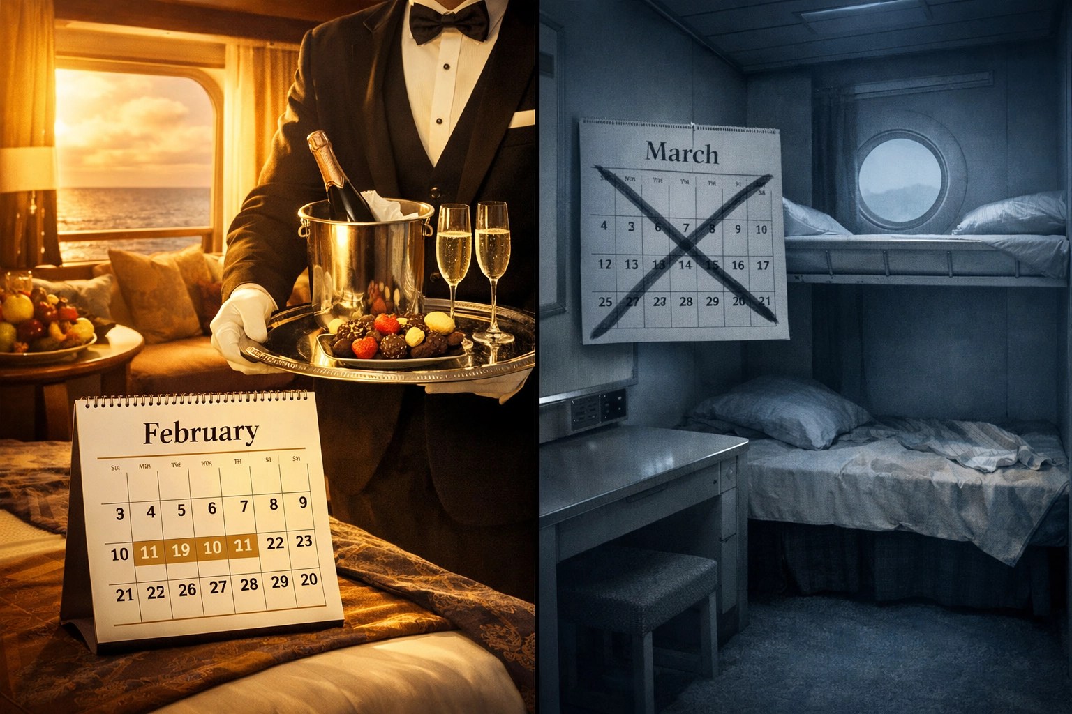 Wave Season booking comparison: February luxury suite versus March standard cabin availability