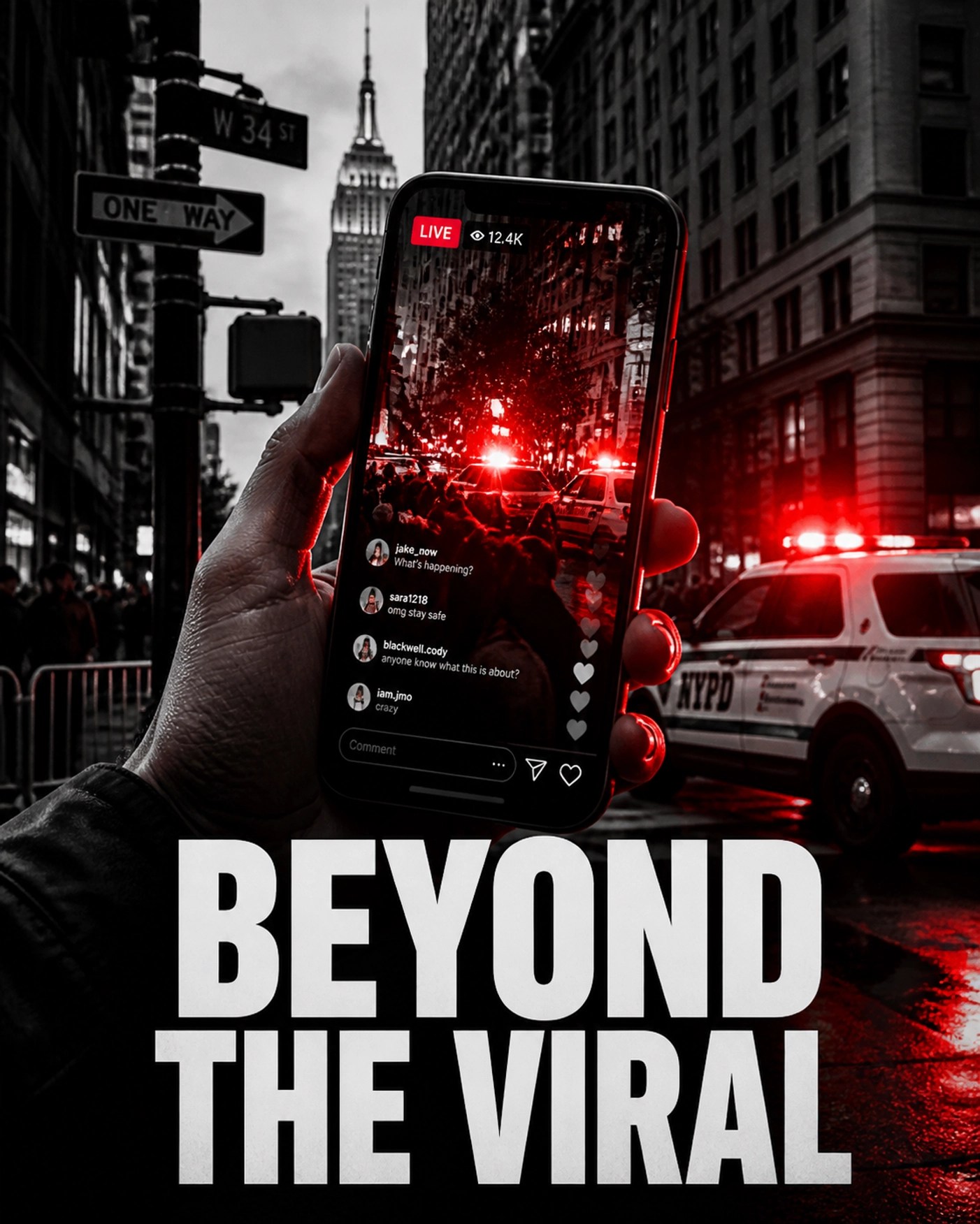 Hand holding a smartphone on a city street corner with red emergency lights for urban news.