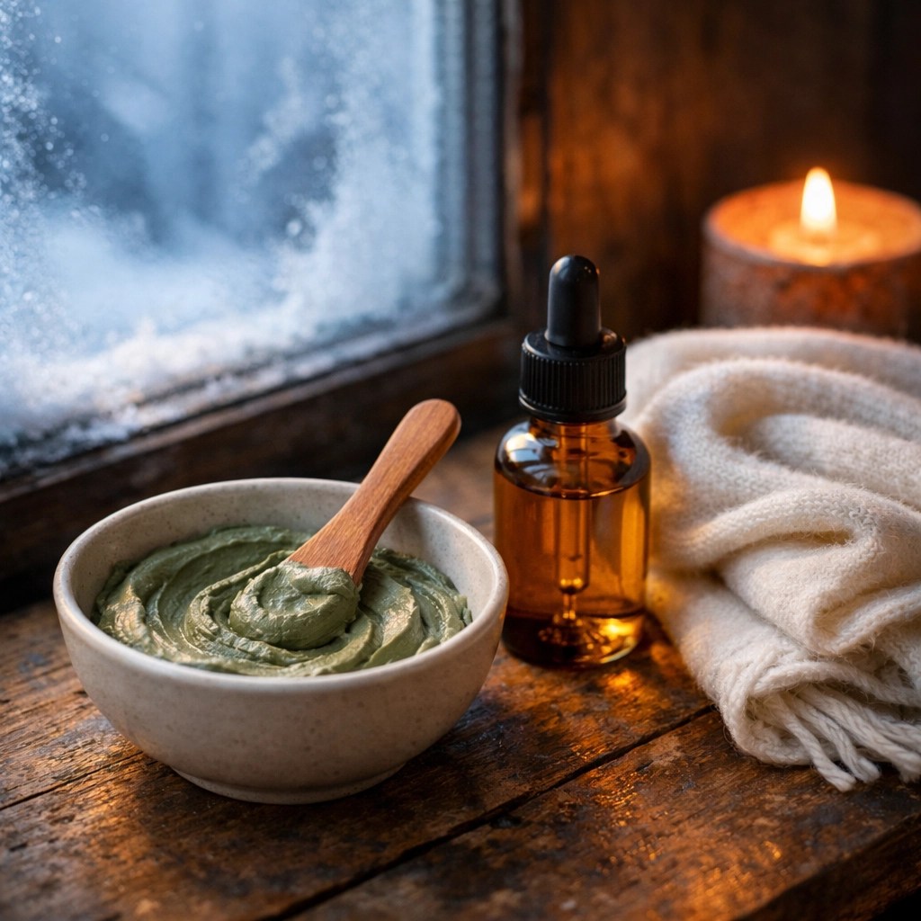 Mixing French green clay with facial oil for a hydrating winter skincare treatment indoors.