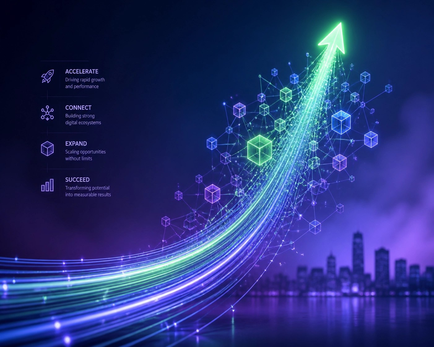 Digital growth chart and network nodes illustrating scalable IT solutions for expanding small businesses.