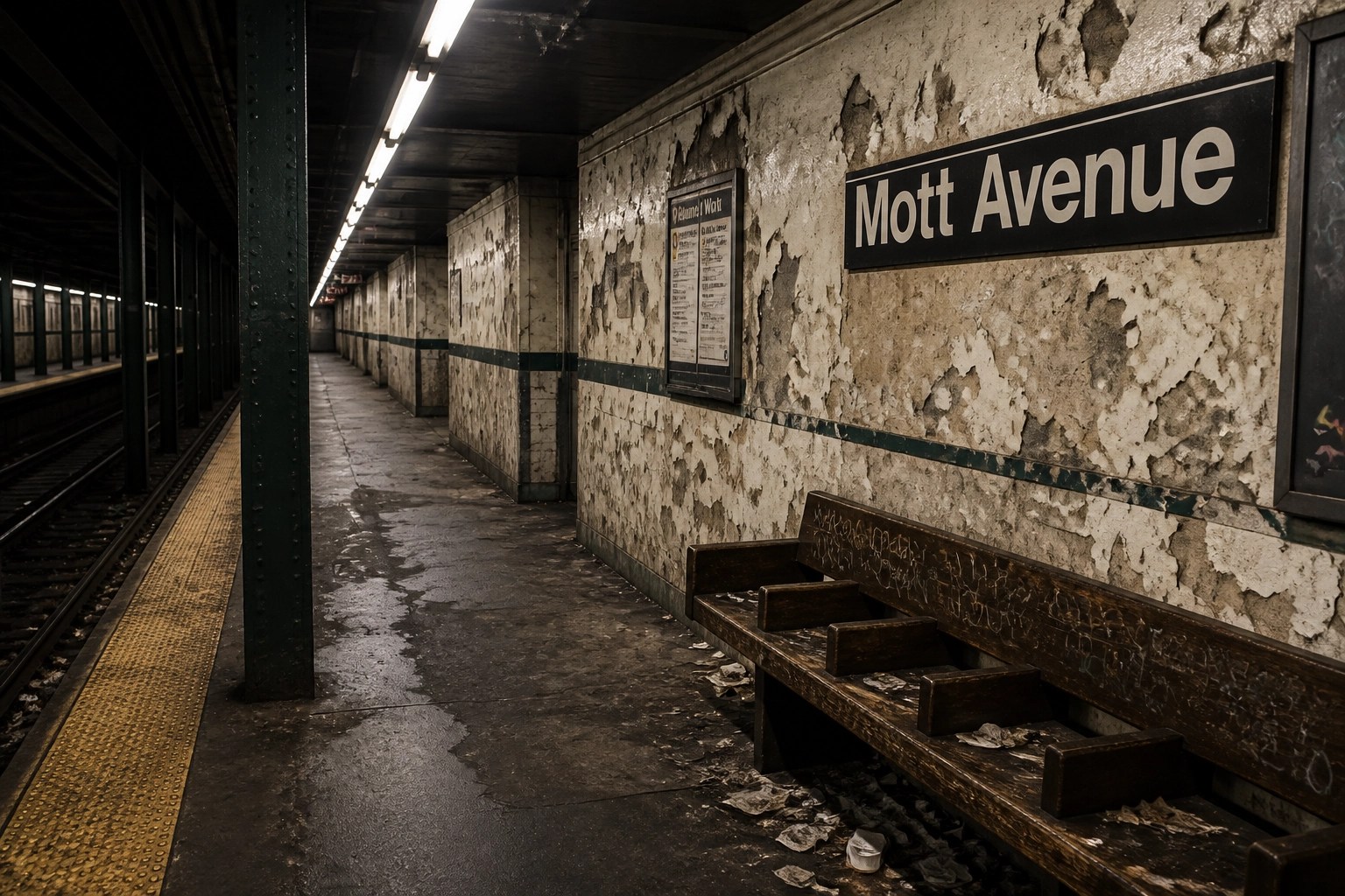 A bleak subway platform with peeling paint and harsh light, capturing the grind of city survival.