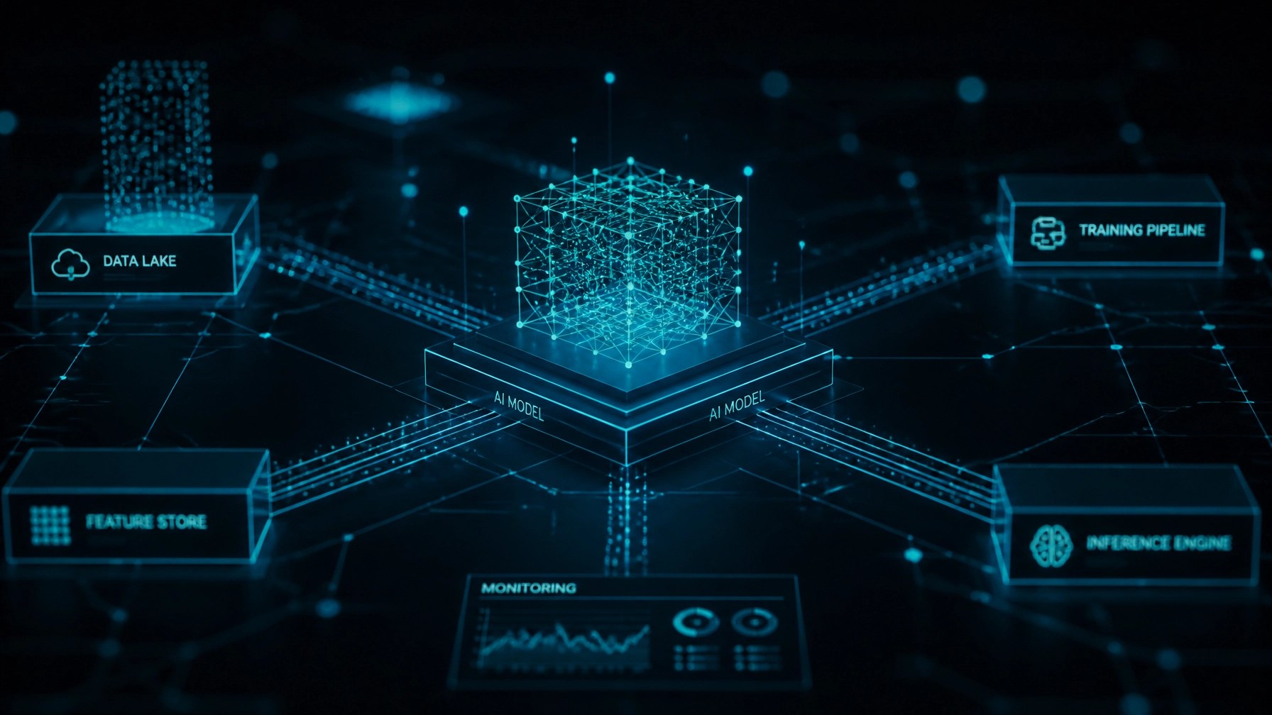 Abstract technology visualization representing AI infrastructure and neural workflows. Sleek, glowing data lines and nodes connecting in a structured, architectural grid. Dark background with teal and cyan highlights. Minimalist, geometric, and high-tech. Shallow depth of field. No humans. Professional and clean.