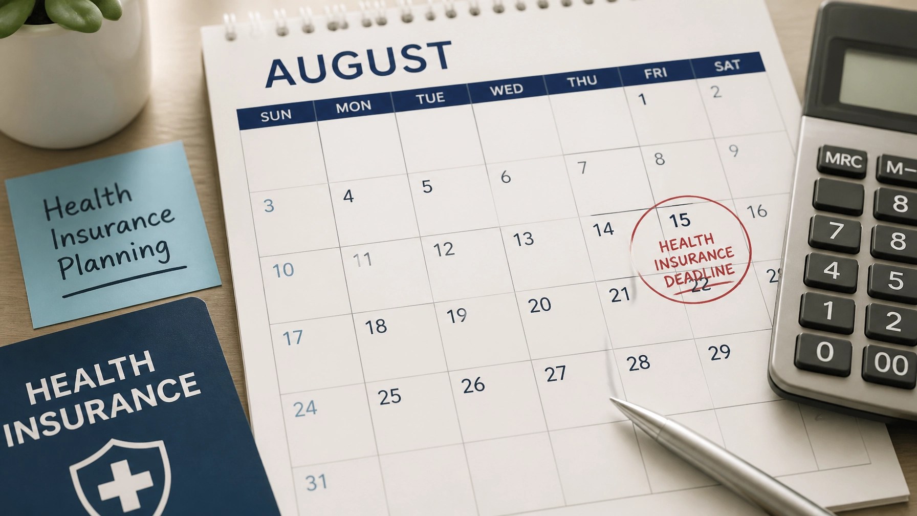 Calendar showing August deadline and health insurance planning