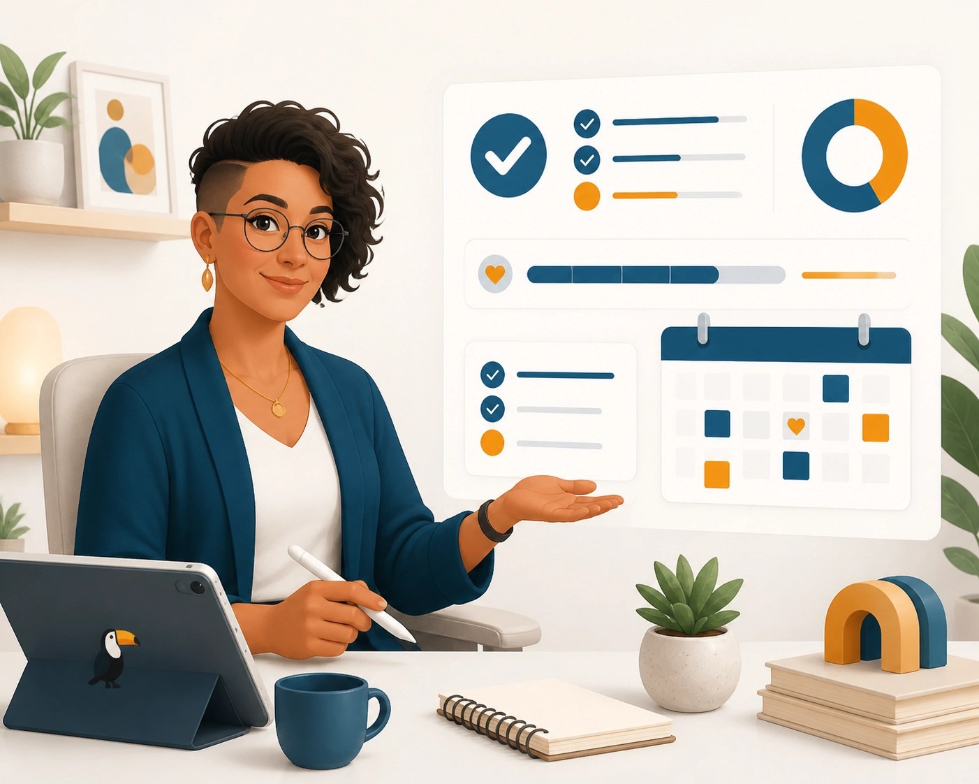 Private practice owner reviewing an organized dashboard for website accessibility and practice management.