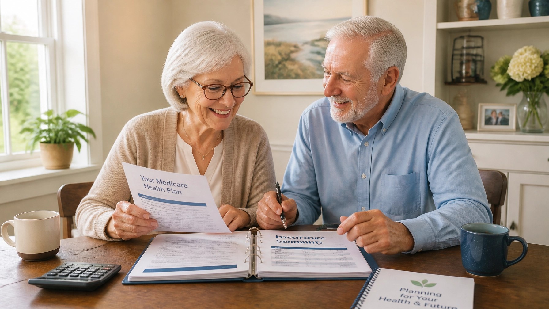 Senior couple reviewing healthcare and insurance paperwork together