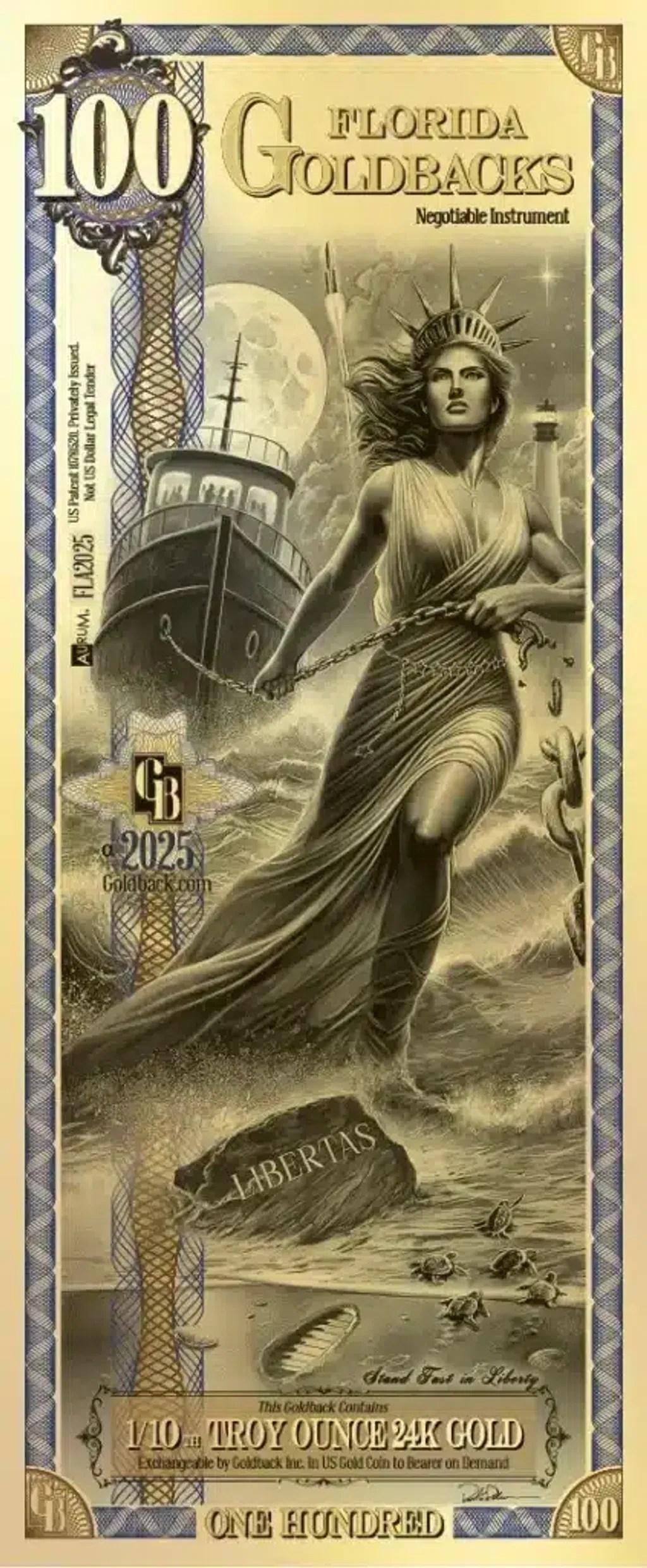 A stylized Florida Goldback highlighting intricate details and gold content