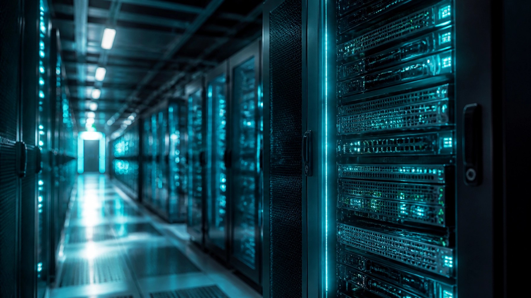 A high-resolution architectural shot of a modern, high-tech server room.