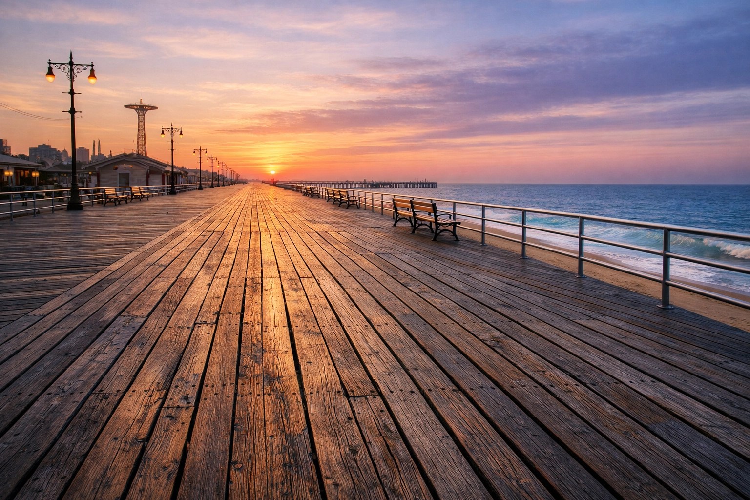 Quiet morning on the historic Coney Island boardwalk overlooking the Atlantic Ocean.