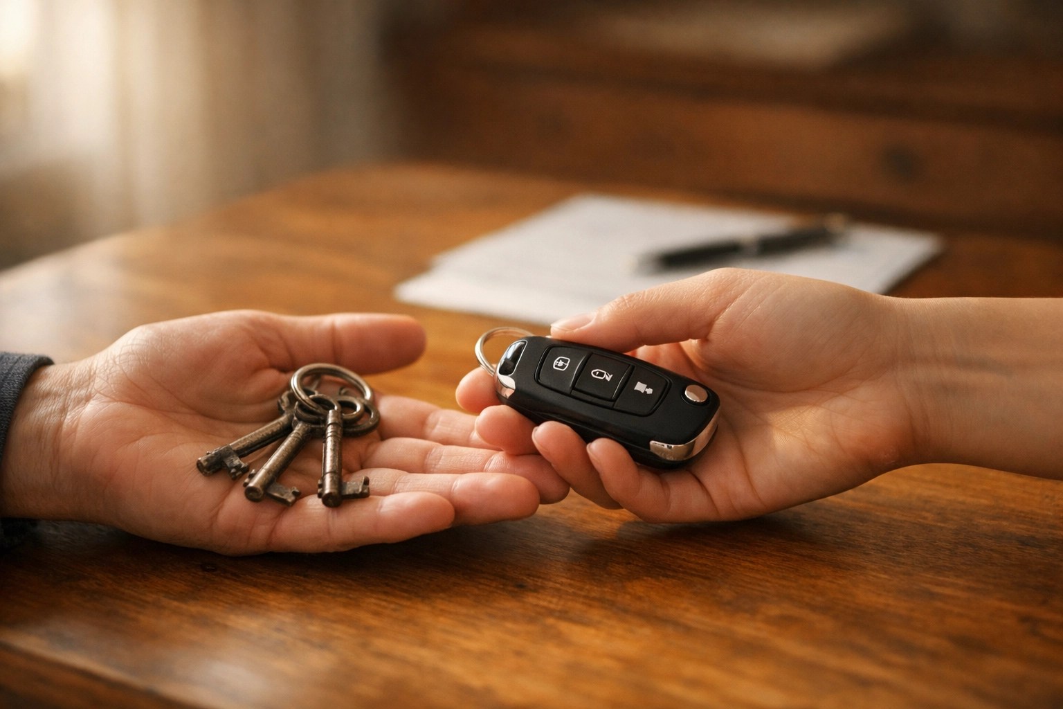 Hands exchanging keys symbolizing upgrading from old annuity policy to modern retirement income contract