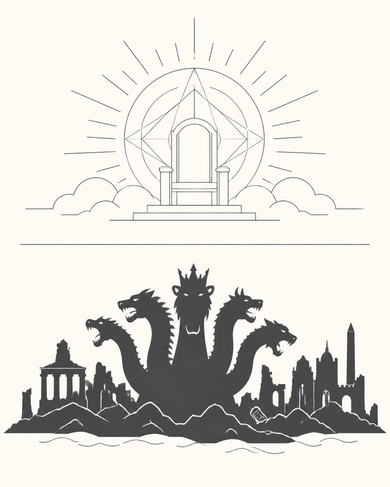 A minimalistic editorial illustration showing earthly empires as jagged silhouettes below a serene, radiant heavenly throne.