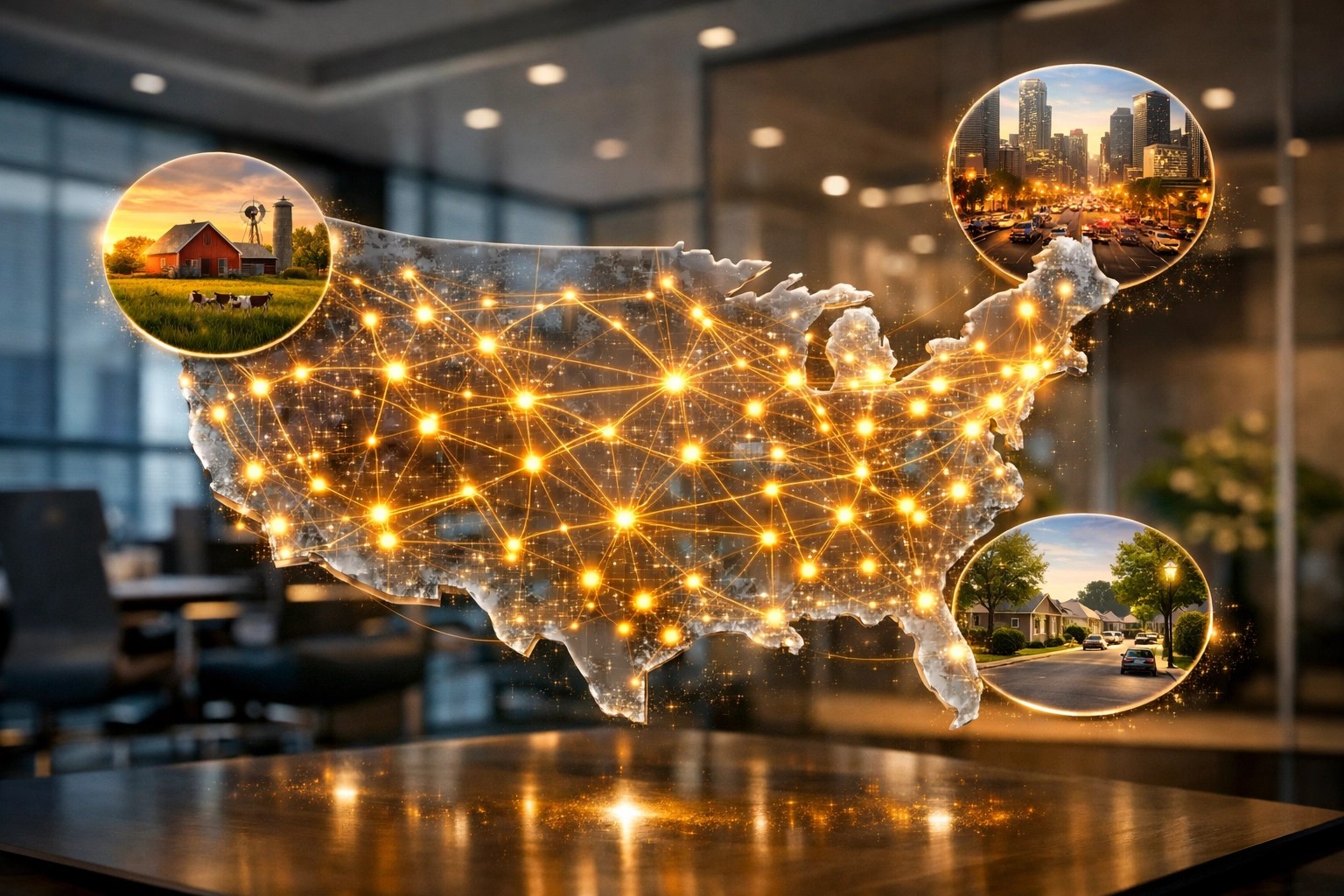 A nationwide network of insurance agents connected across a map, showing the scale of the Johnson Financial blueprint.