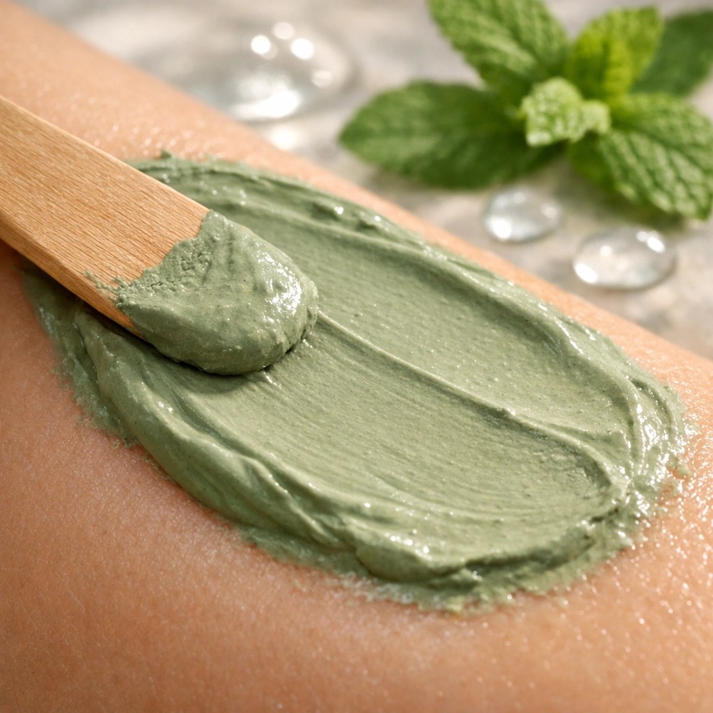 Natural green clay paste being applied to skin to strengthen the skin barrier and prevent shaving irritation.
