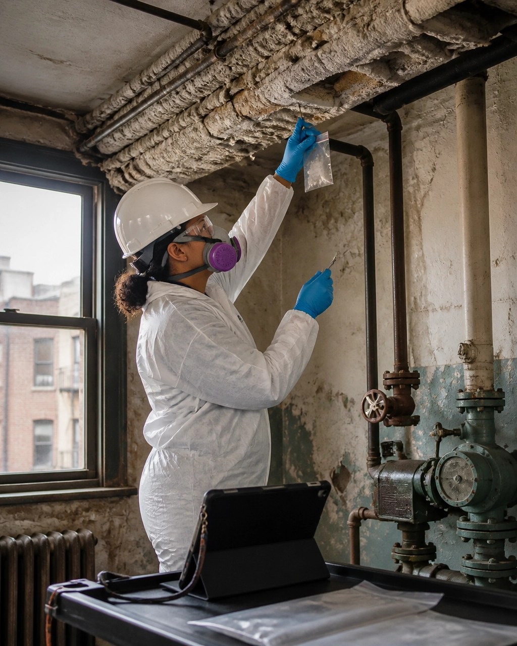 Environmental professional collecting a building-material sample during a pre-renovation asbestos assessment