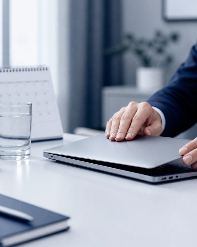 Close-up of hands closing a laptop, representing the relief of finishing work and creating margin.