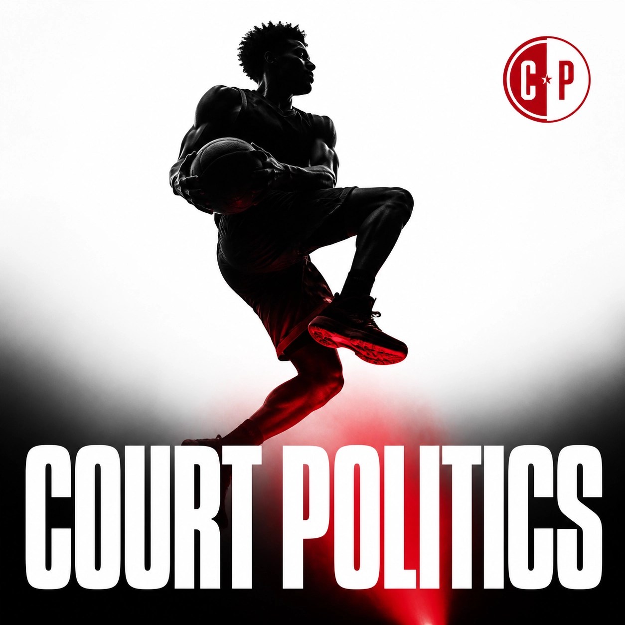 Silhouette of a basketball player in mid-air with red spotlighting and Court Politics text.
