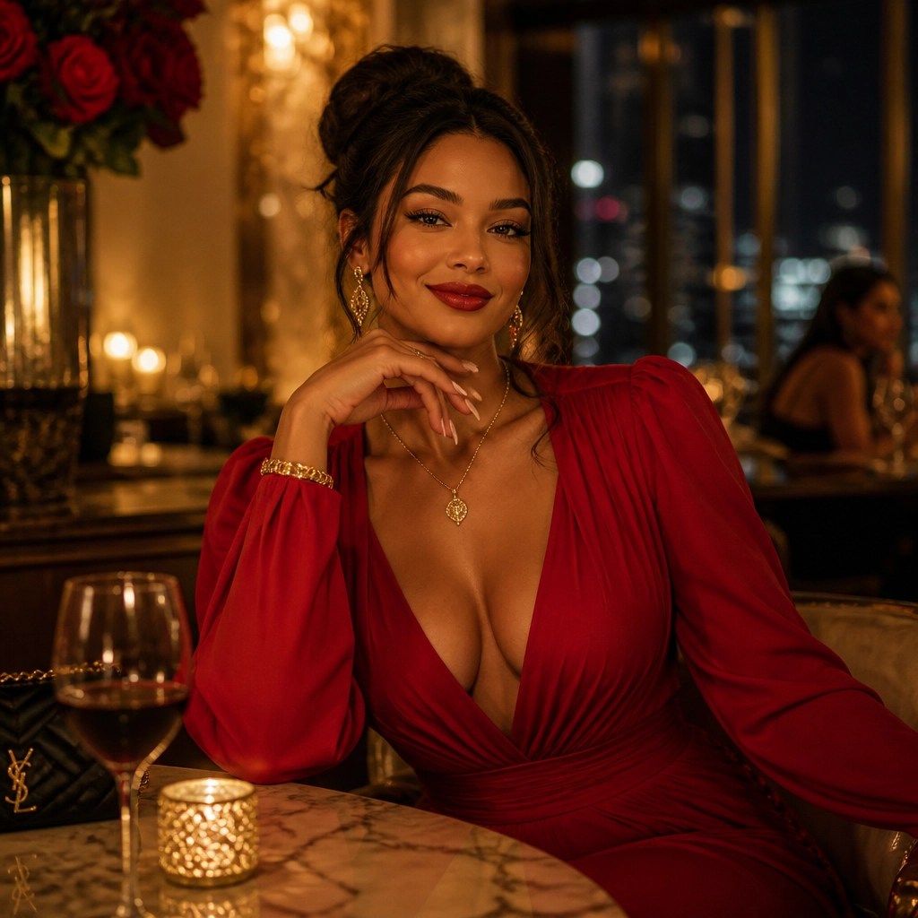 An elegant woman in a bold red dress radiating the frequency of a prize who is ready to find true love.