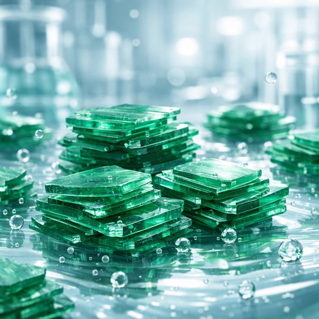 Microscopic view of green illite clay platelets showing the mineral structure for scientific pain relief.