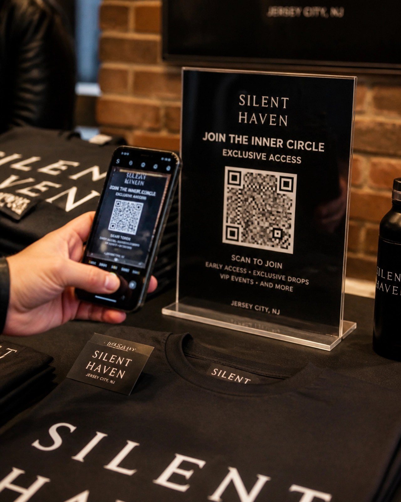 Fan scanning a QR code at a merch table to join an artist's exclusive community