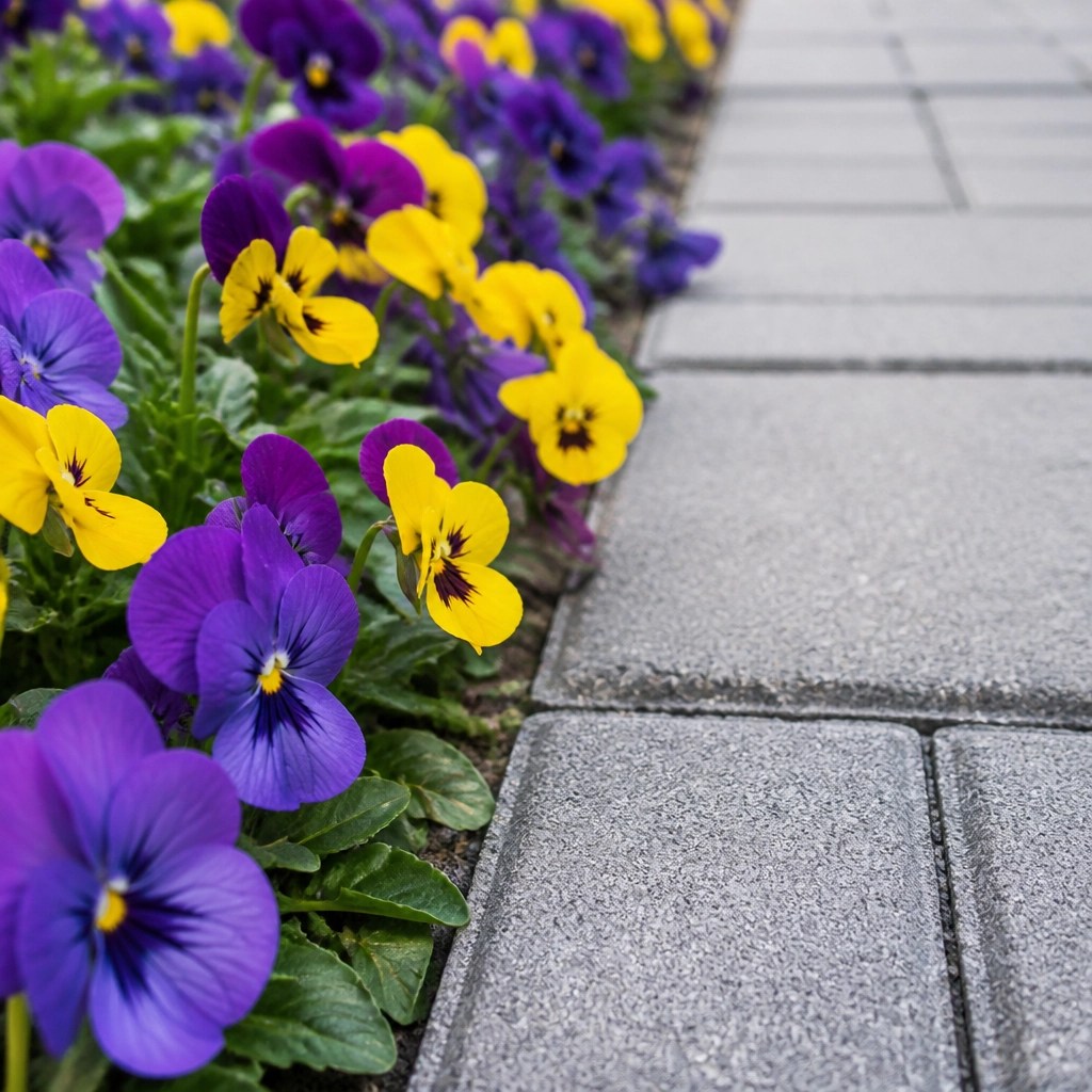 A close-up of vibrant purple and yellow flowers planted along the edge of a clean, gray concrete paver walkway. The contrast between the hard texture of the pavers and the soft petals of the flowers is sharp and beautiful.