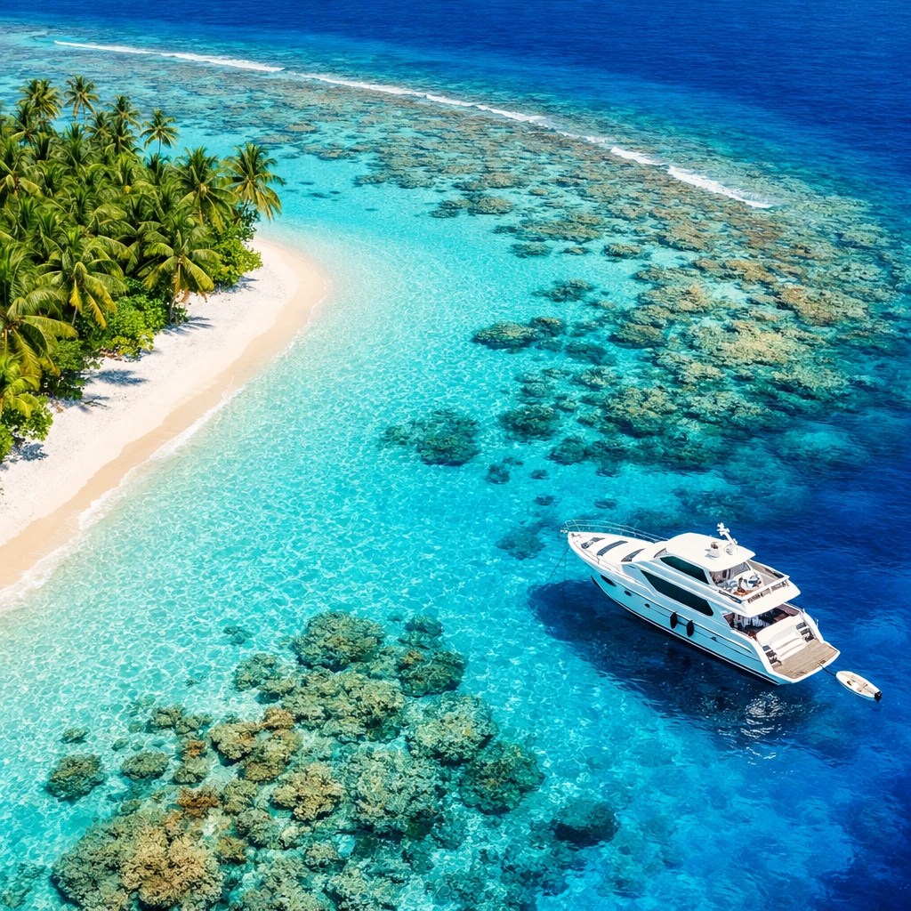 Private South Pacific island beach with luxury yacht, showcasing exclusive Ghost Port destinations