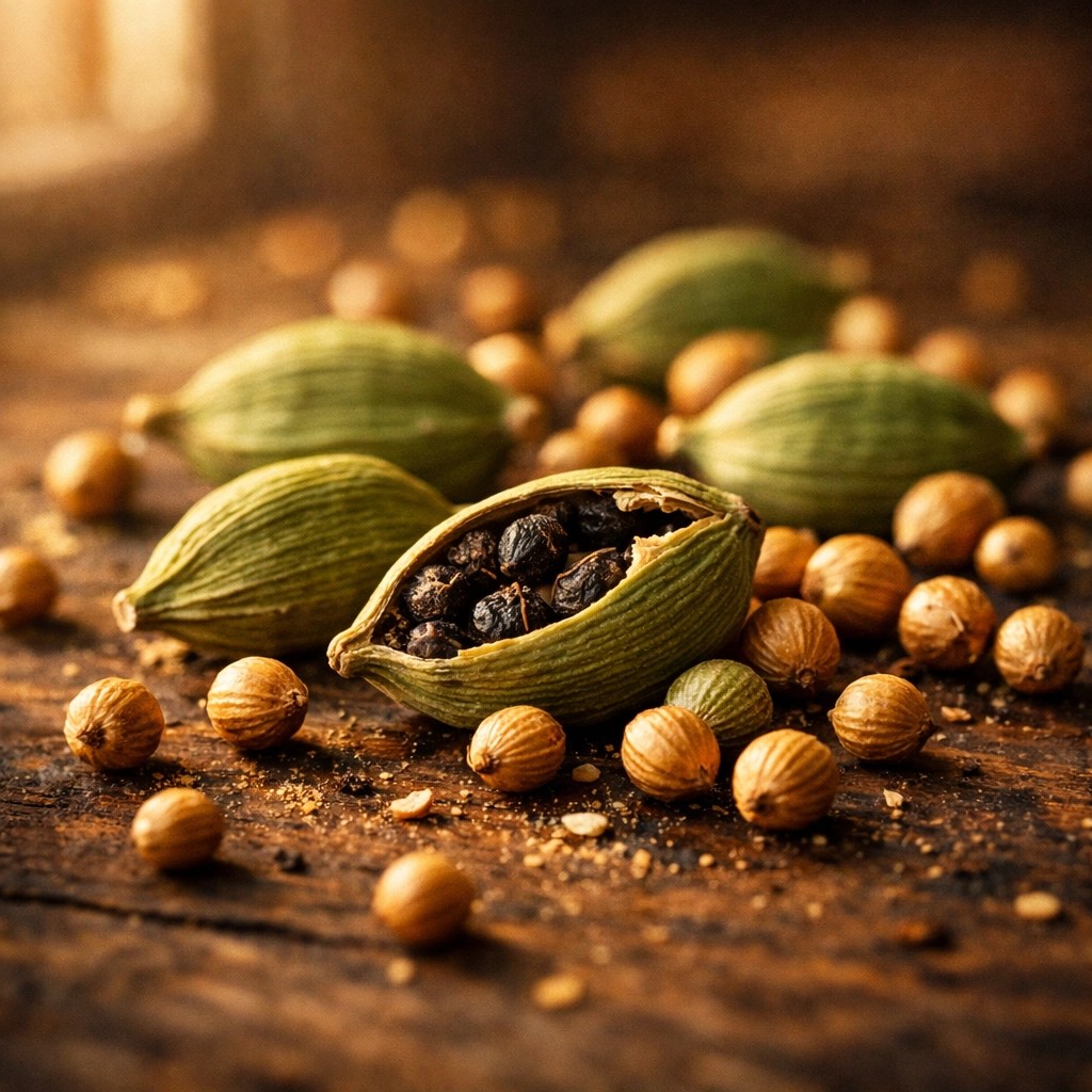 Whole green cardamom pods and coriander seeds used in a detoxifying spice clay mask.