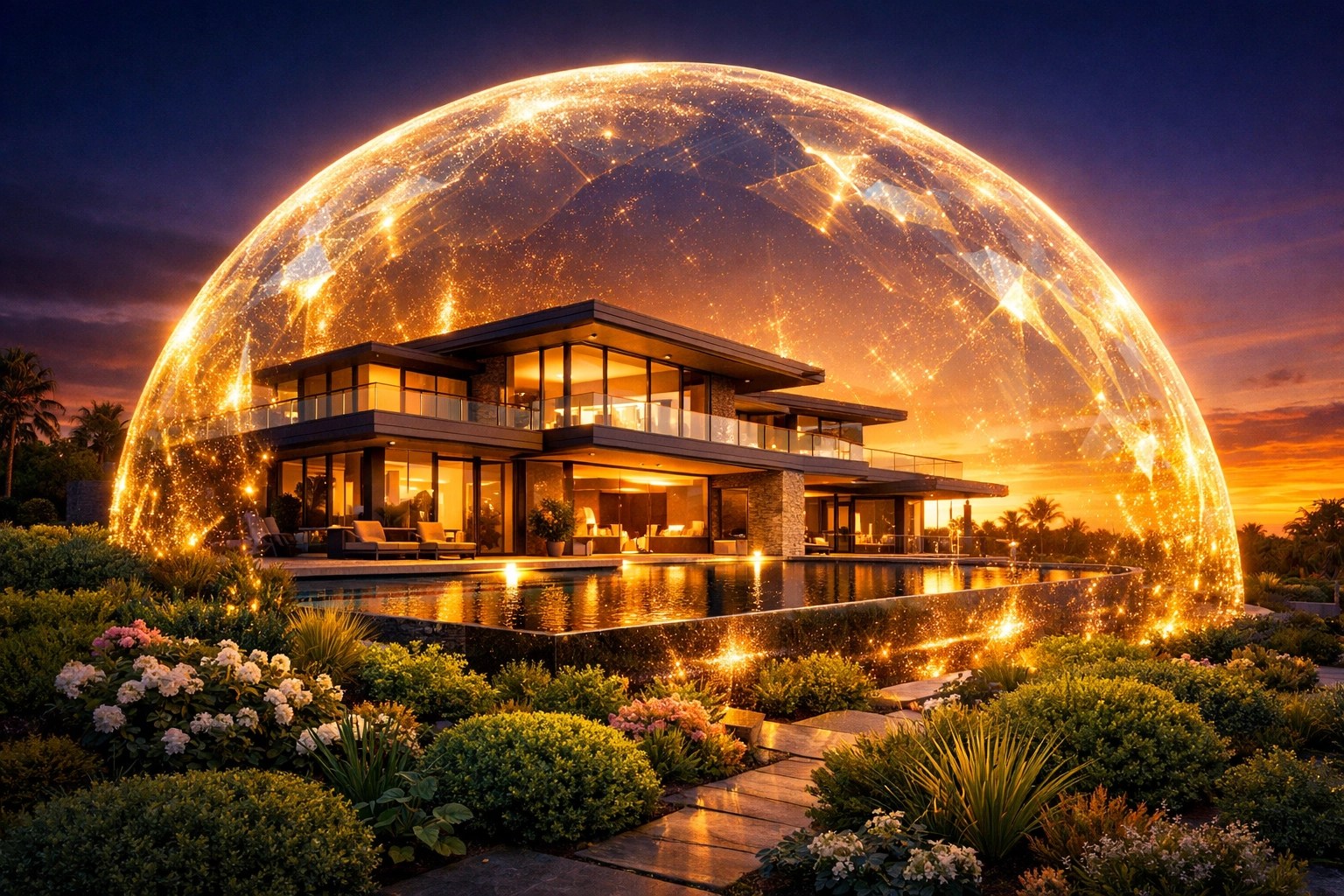 Modern home with a golden shield symbolizing asset protection and financial resilience for wealth management.