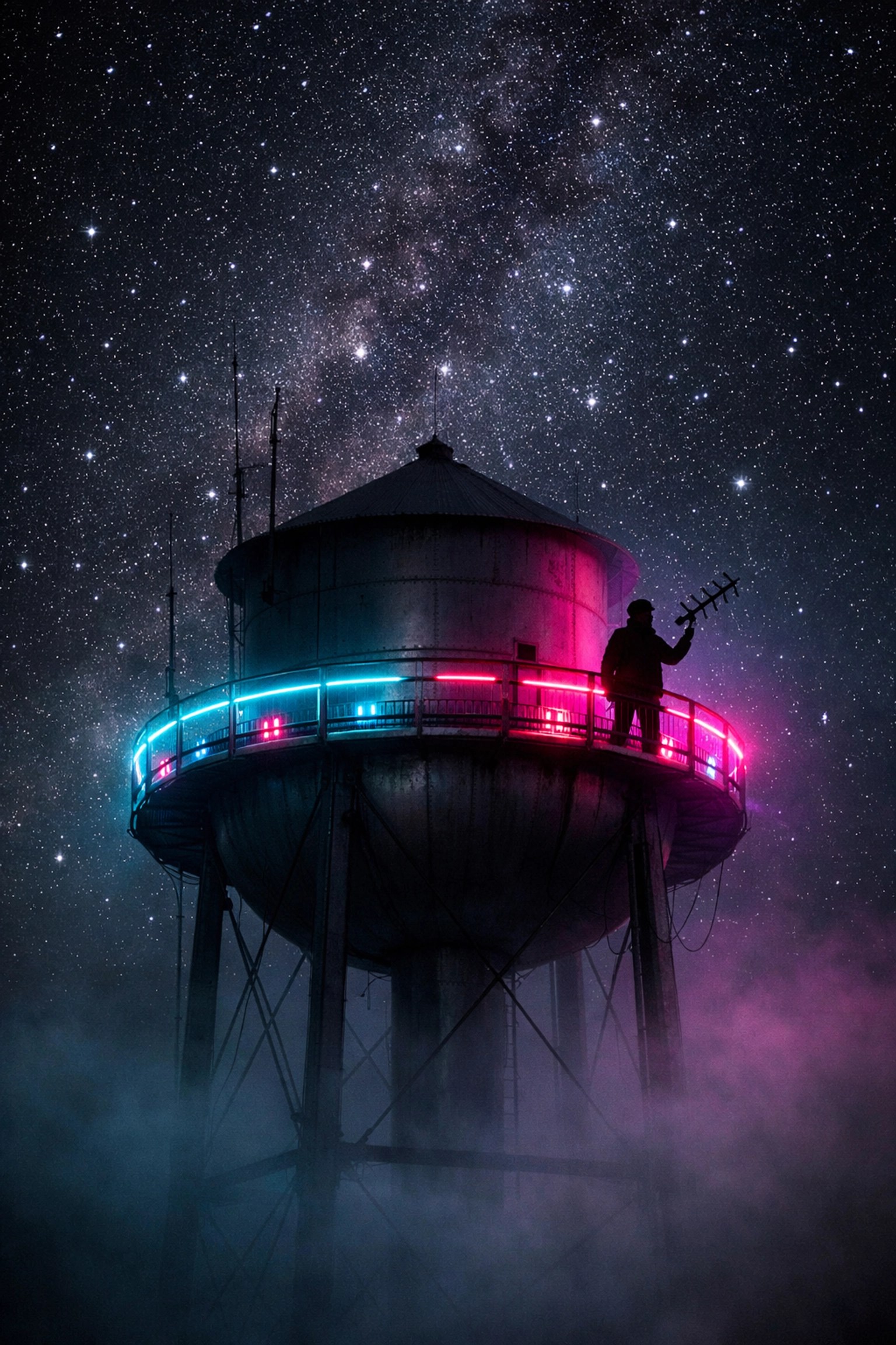 A technician testing signals on a glowing water tower at night, representing our dedicated computer repair services.
