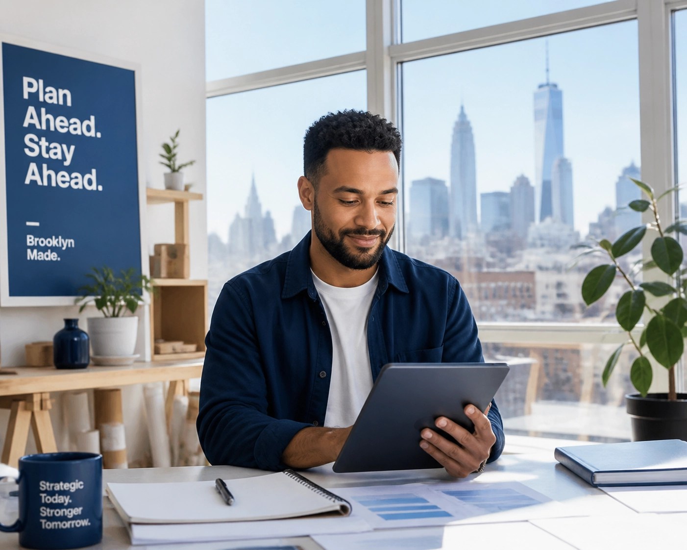Smiling New York small business owner using a tablet to plan for health insurance renewals and budget savings.