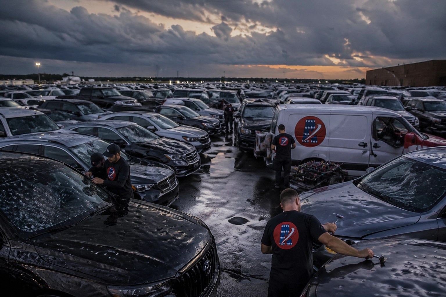 500 cars damaged at night during a storm