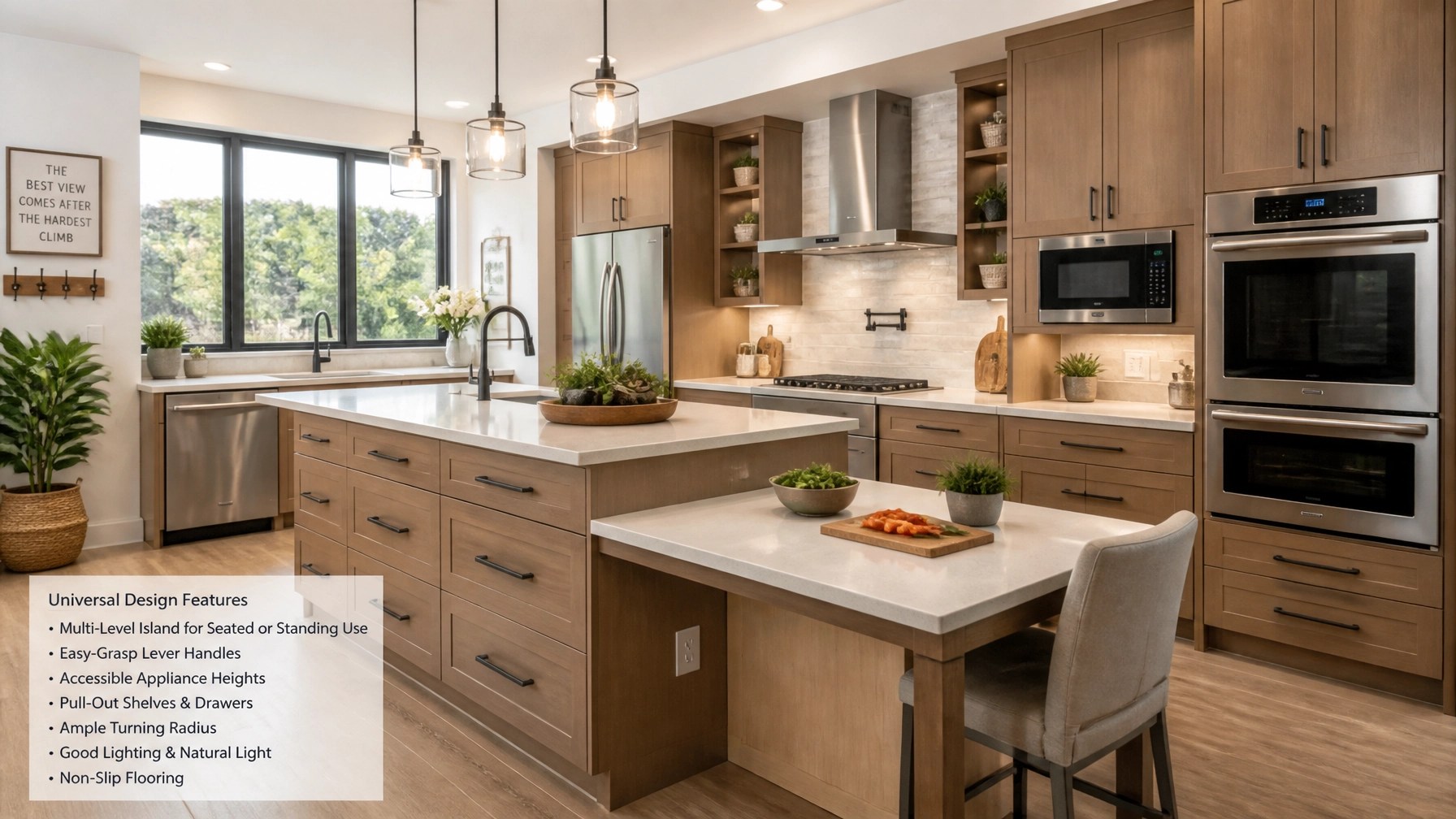 A bright, modern kitchen designed with universal design principles, featuring varied countertop heights and easy-to-grasp hardware.