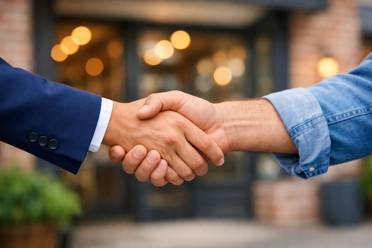 Business owner and health insurance expert shaking hands to symbolize a strong benefit partnership.