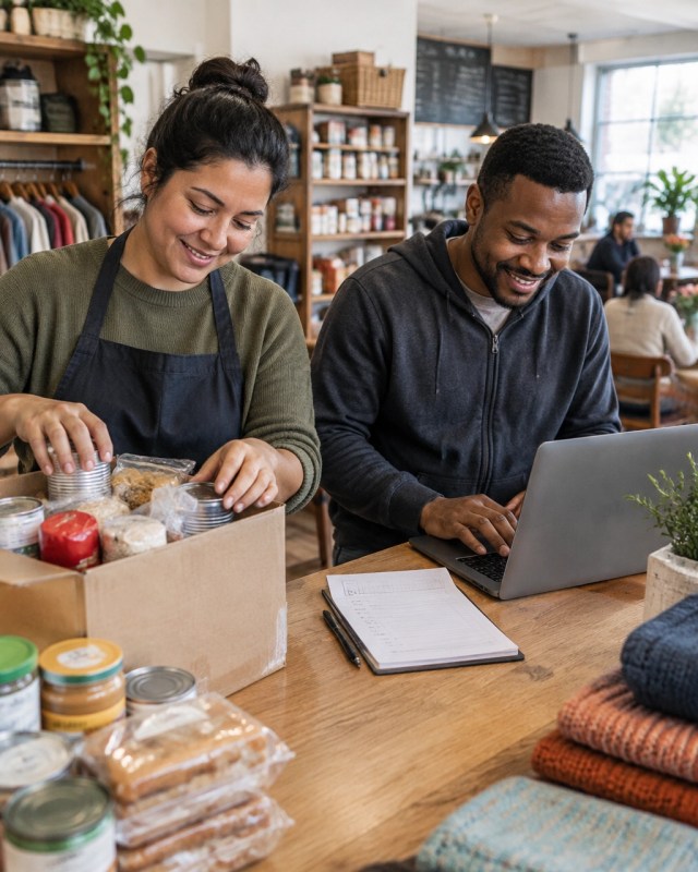 Community cafe and nonprofit staff work together on supplies and a checklist