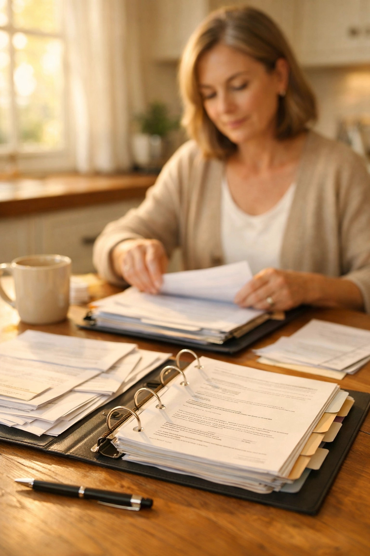 Woman organizing estate planning documents and financial papers in binder at home