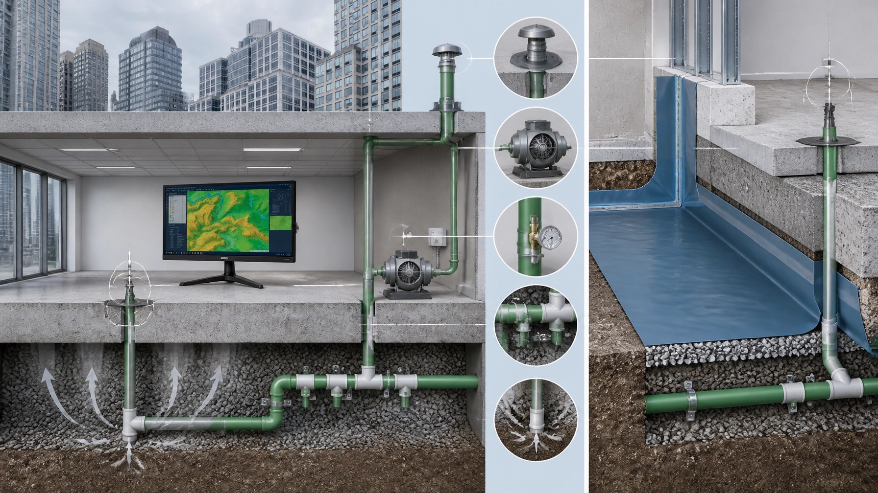 Cutaway engineering illustration of active sub-slab depressurization installation with suction point, sealed PVC piping, manifold, fan, and vapor barrier