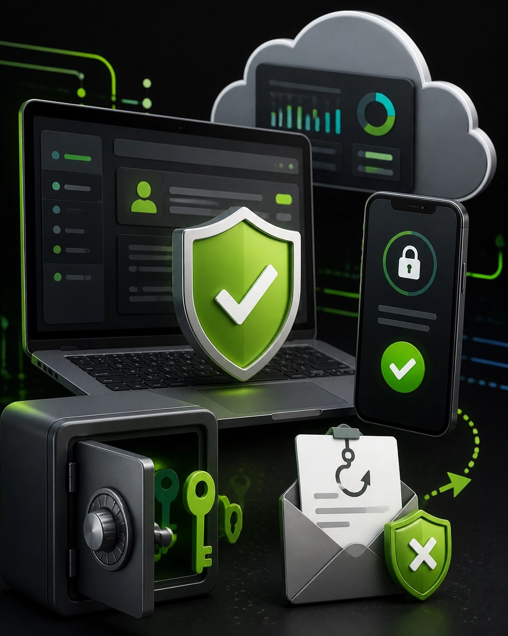 Cybersecurity hygiene illustration featuring MFA, password management, phishing protection, and secure cloud access