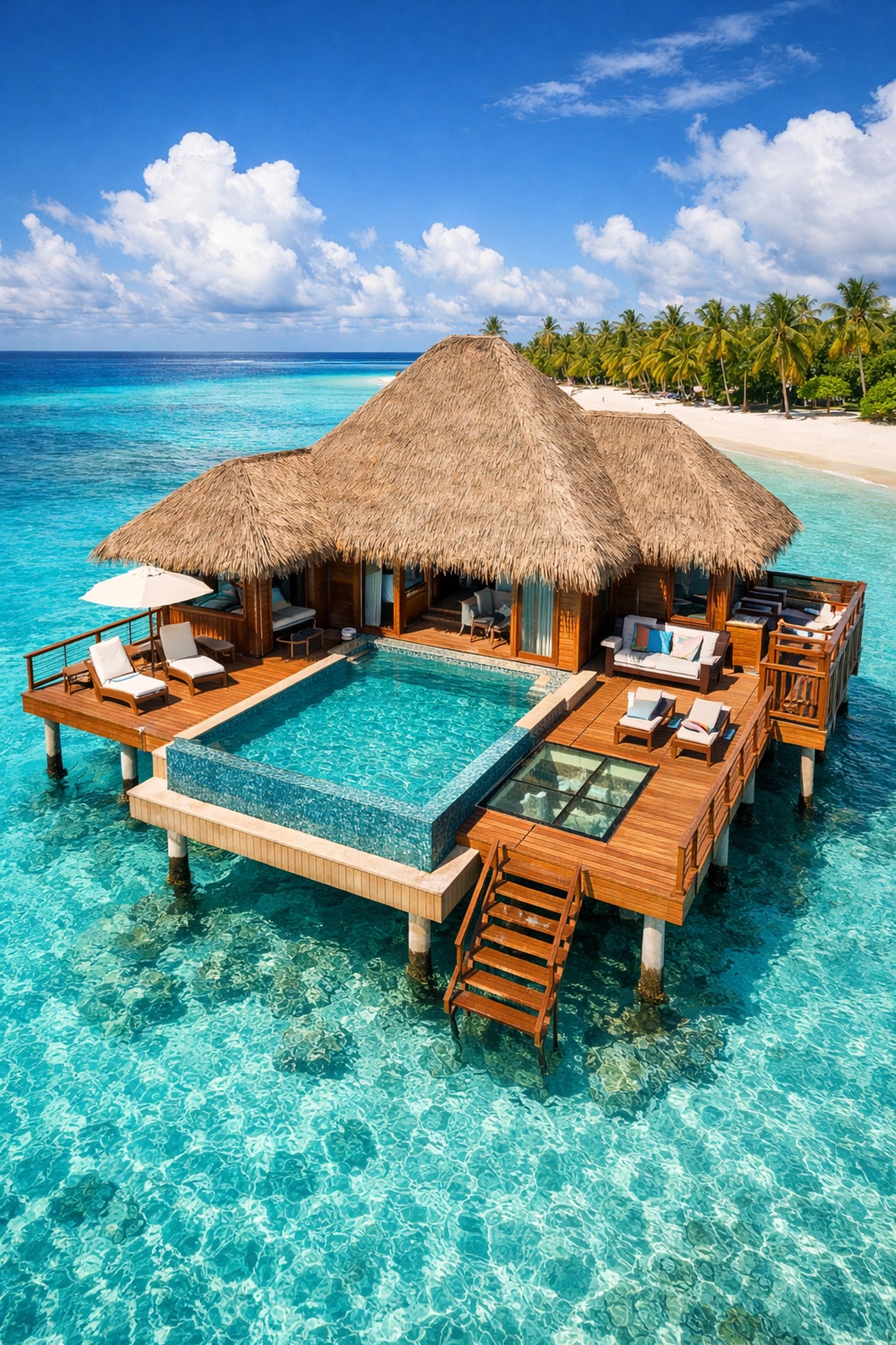 Luxury Caribbean overwater bungalow with infinity pool and thatched roof over turquoise waters