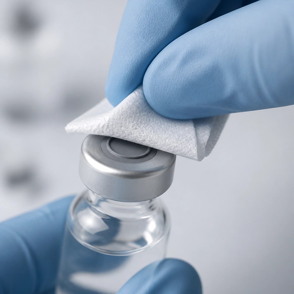 Sterile alcohol swab cleaning a vial stopper