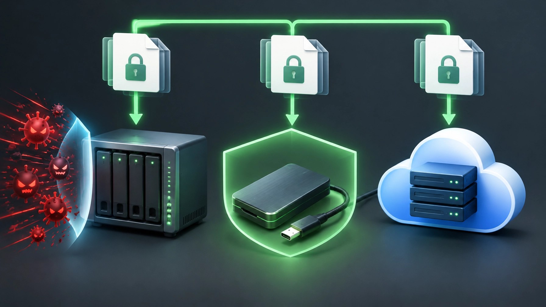 A visual representation of multiple backup copies, separate storage media, and an unplugged offline drive