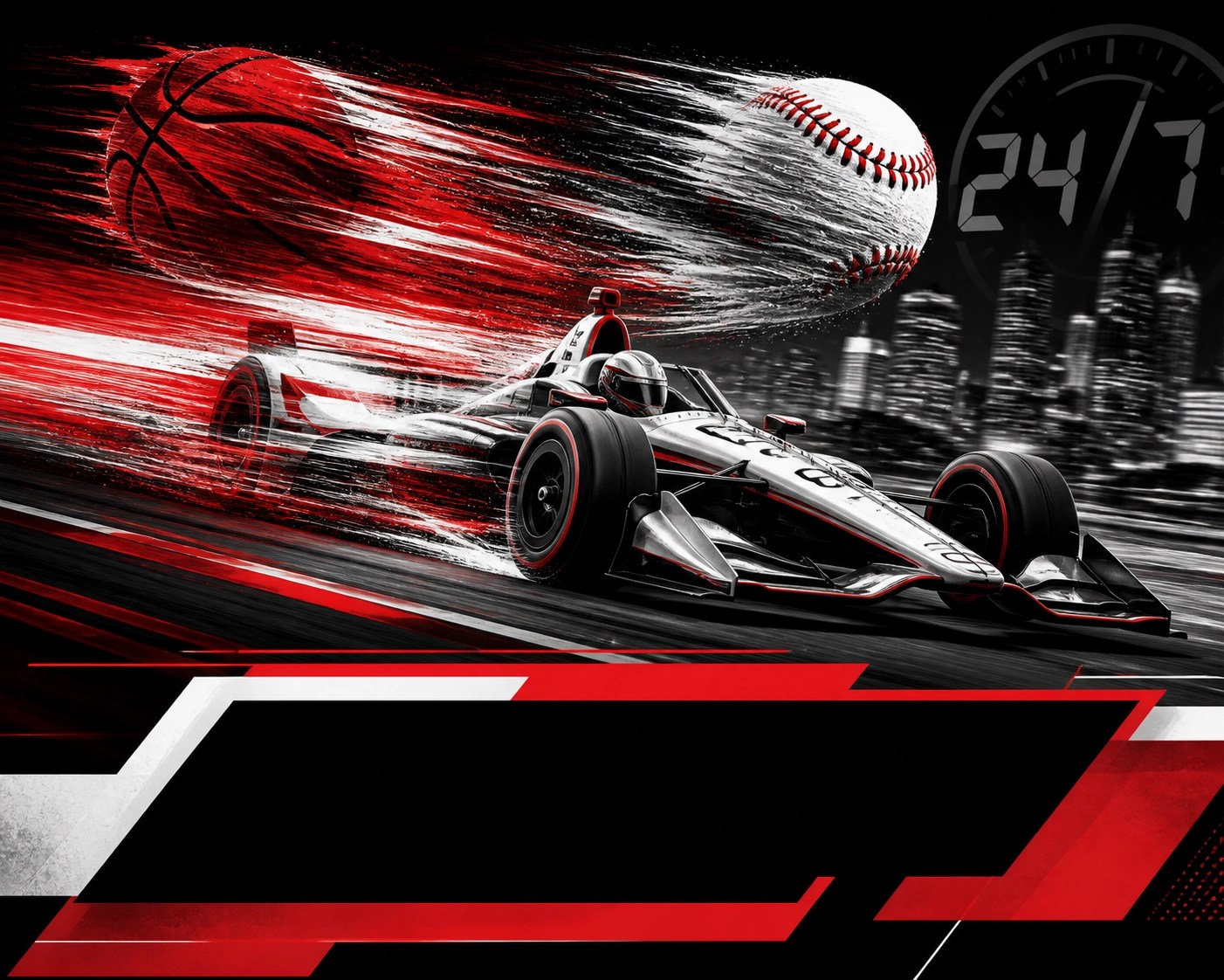 Dynamic racing car with red speed lines, capturing the high-energy hustle of daily sports and entertainment updates.