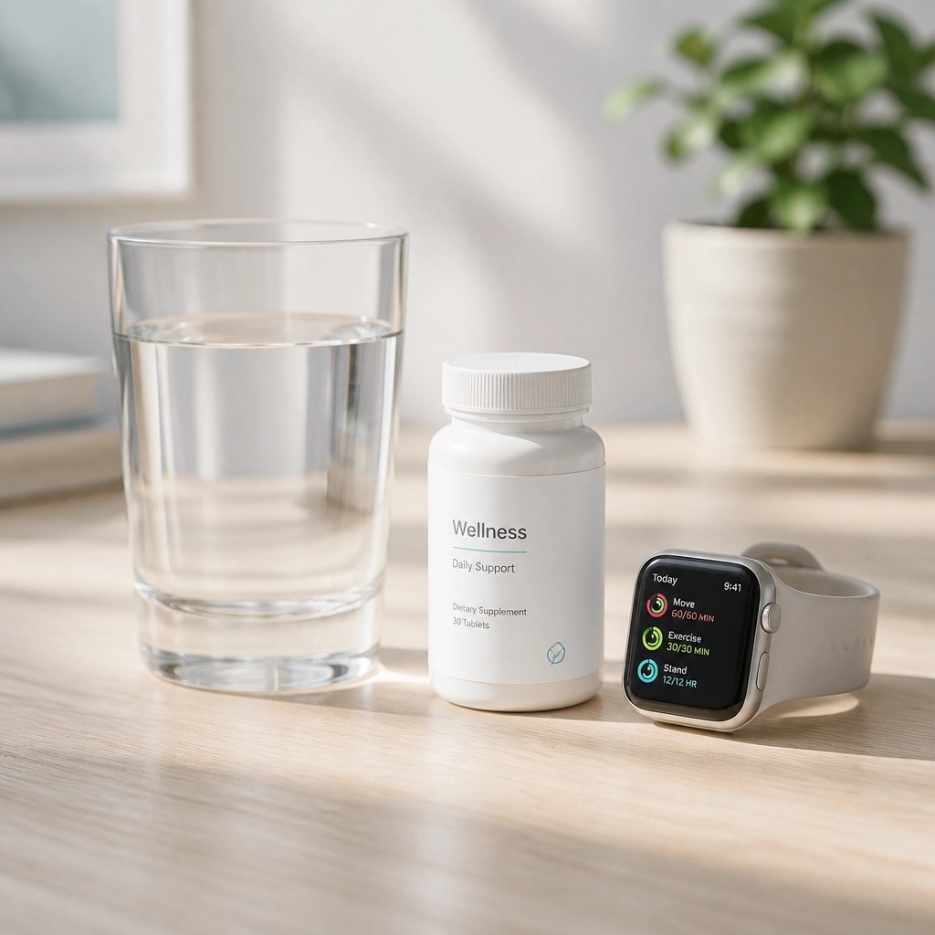 Minimalistic lifestyle image: a glass of water next to a small, clean medicine bottle