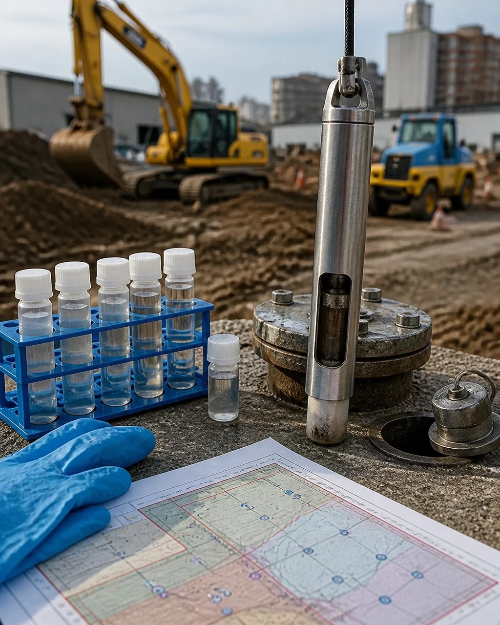 Environmental sampling equipment, monitoring well cap, sample vials, and a technical site plan at an urban redevelopment site
