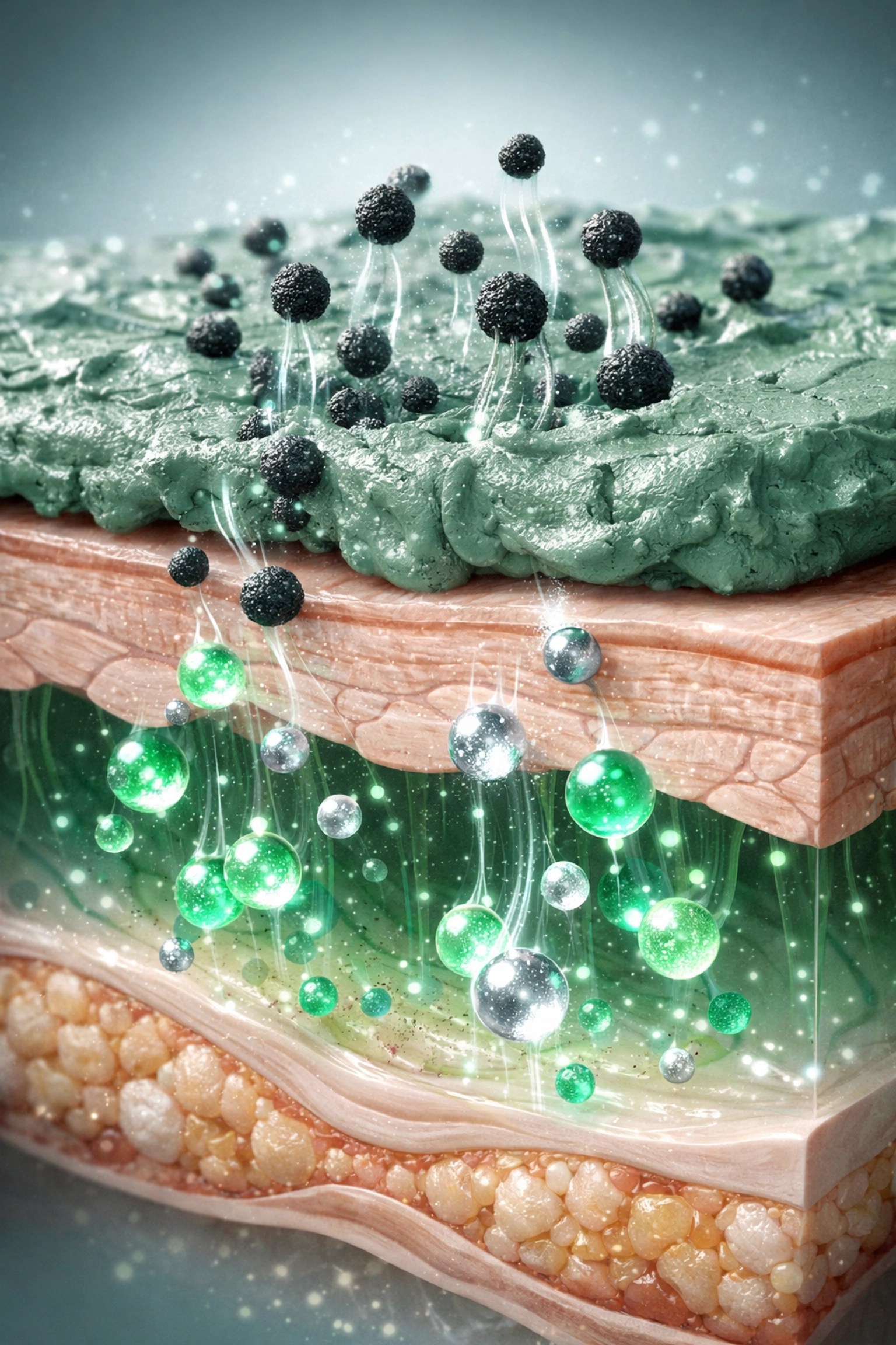 Microscopic visualization of healing clay minerals absorbing into skin while extracting toxins for recovery.