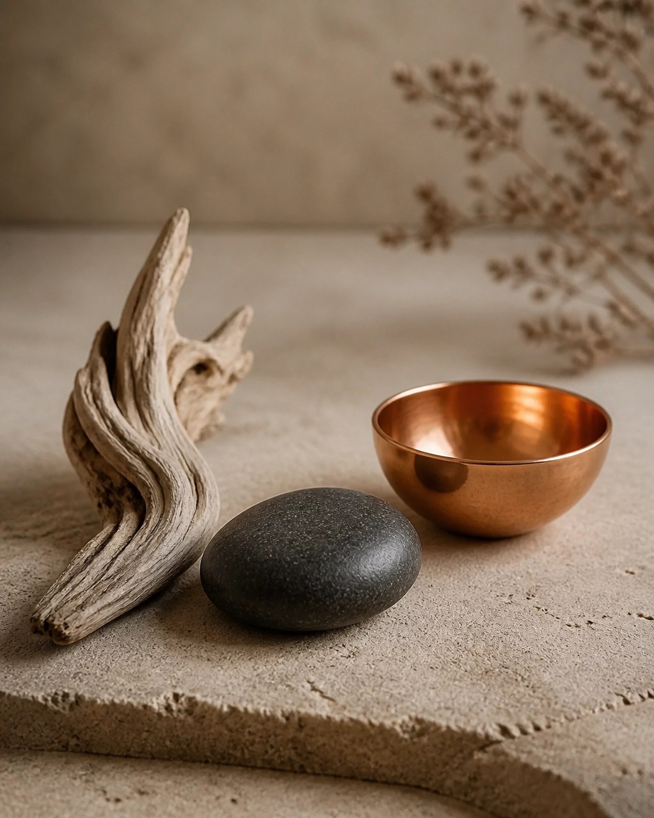 An artistic representation of the three Ayurvedic doshas using natural elements like wood, stone, and copper.