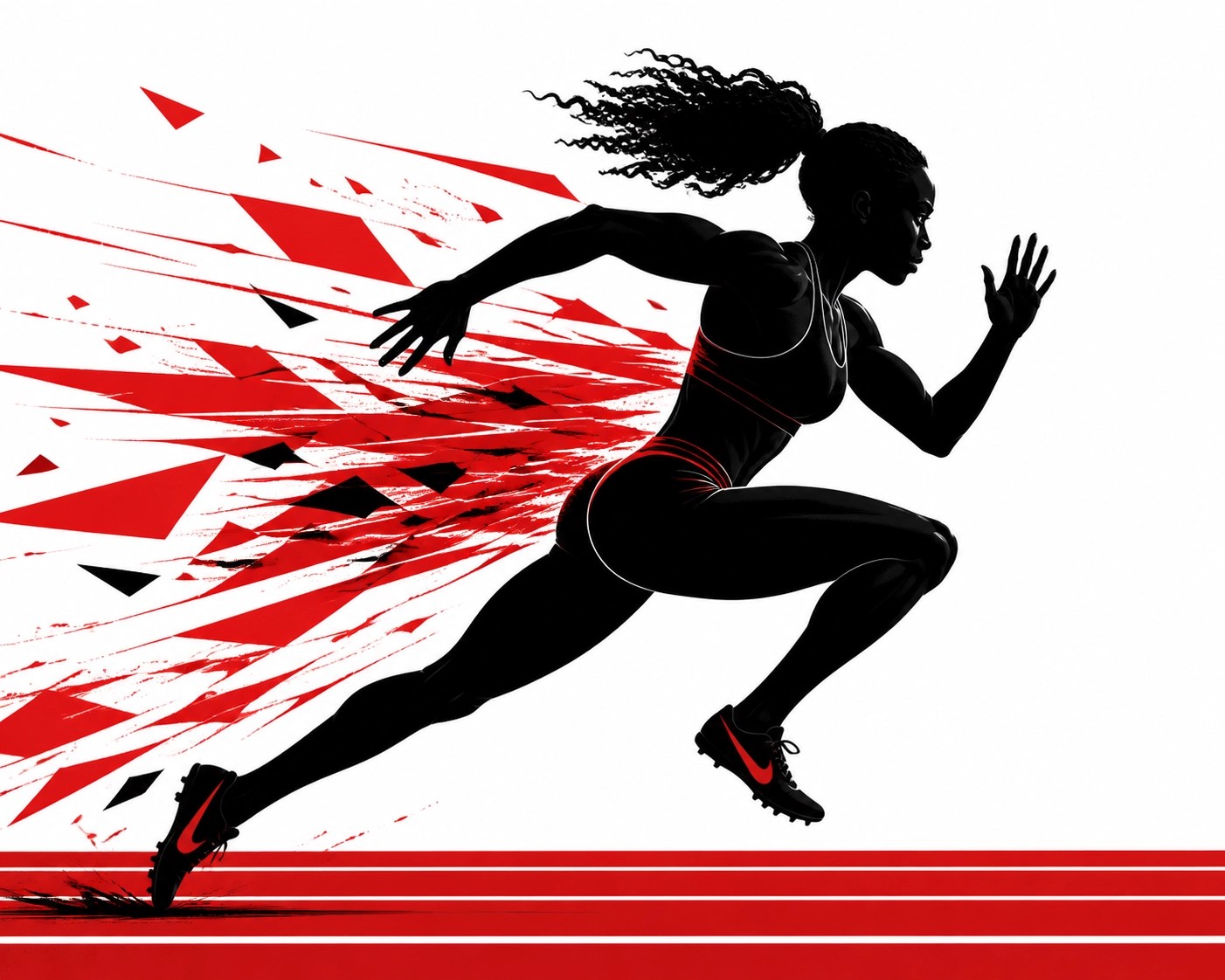 Minimalist silhouette of a Black female sprinter on a track, celebrating Allyson Felix and LA28 Olympic excellence.