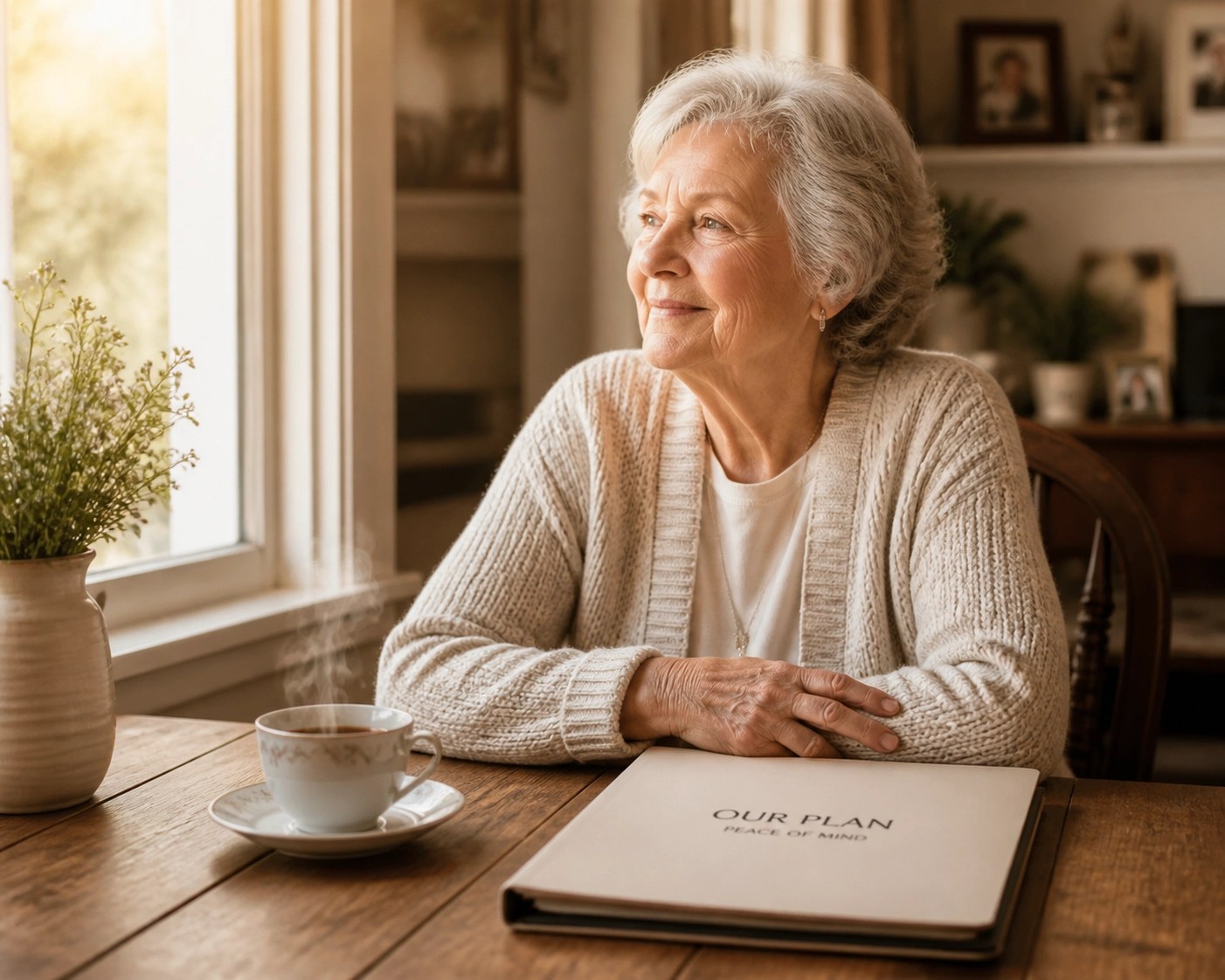 Peaceful senior woman sitting at home with a planning folder, securing her final expense insurance coverage.