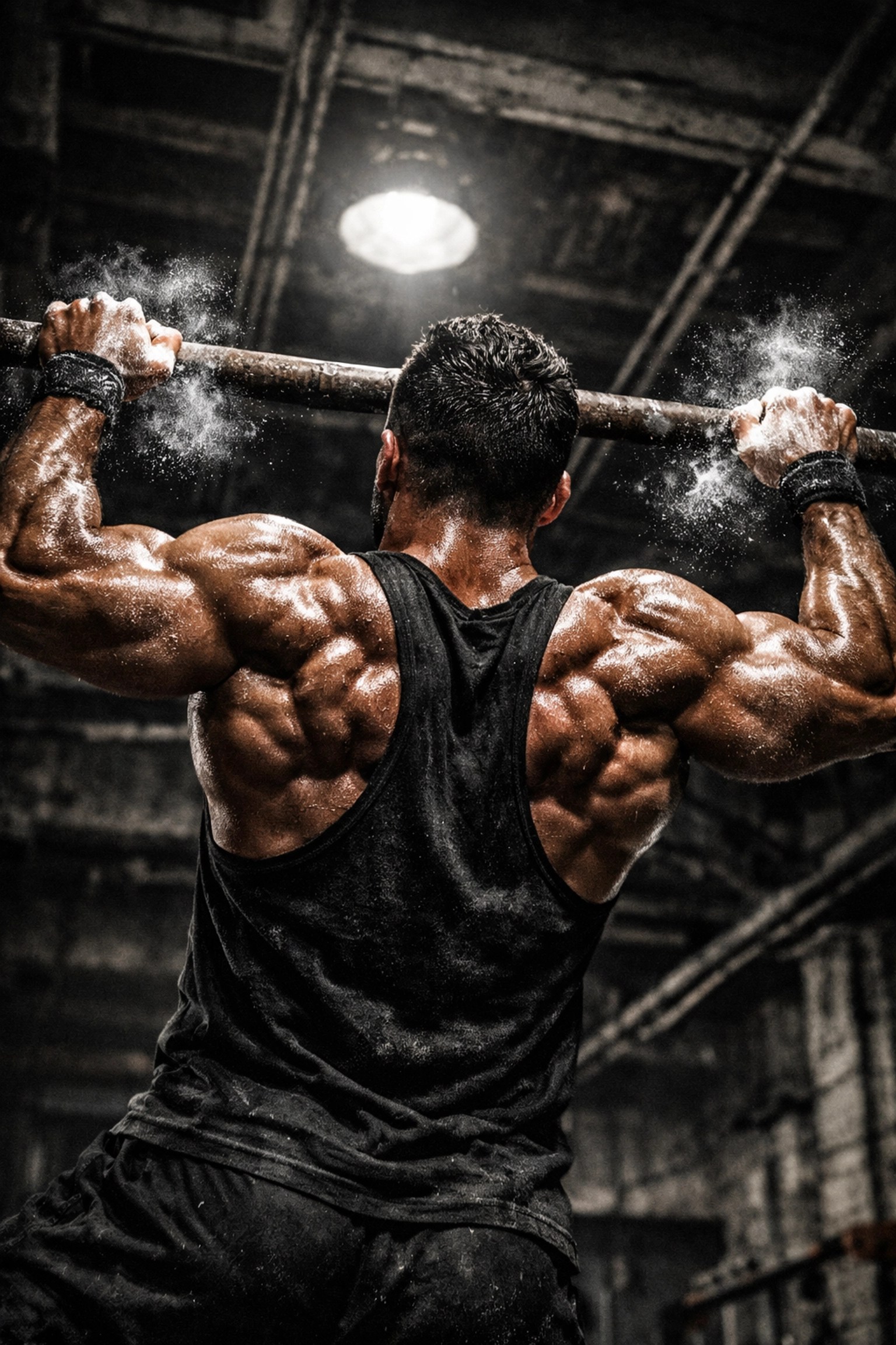 Athlete performing a wide-grip pull-up showing intense lat muscle contraction for back day training.