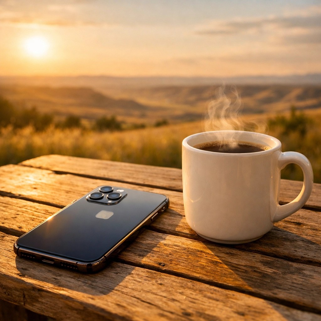 A glossy, repaired iPhone and a cup of coffee resting outdoors under the Southern Alberta sunset.