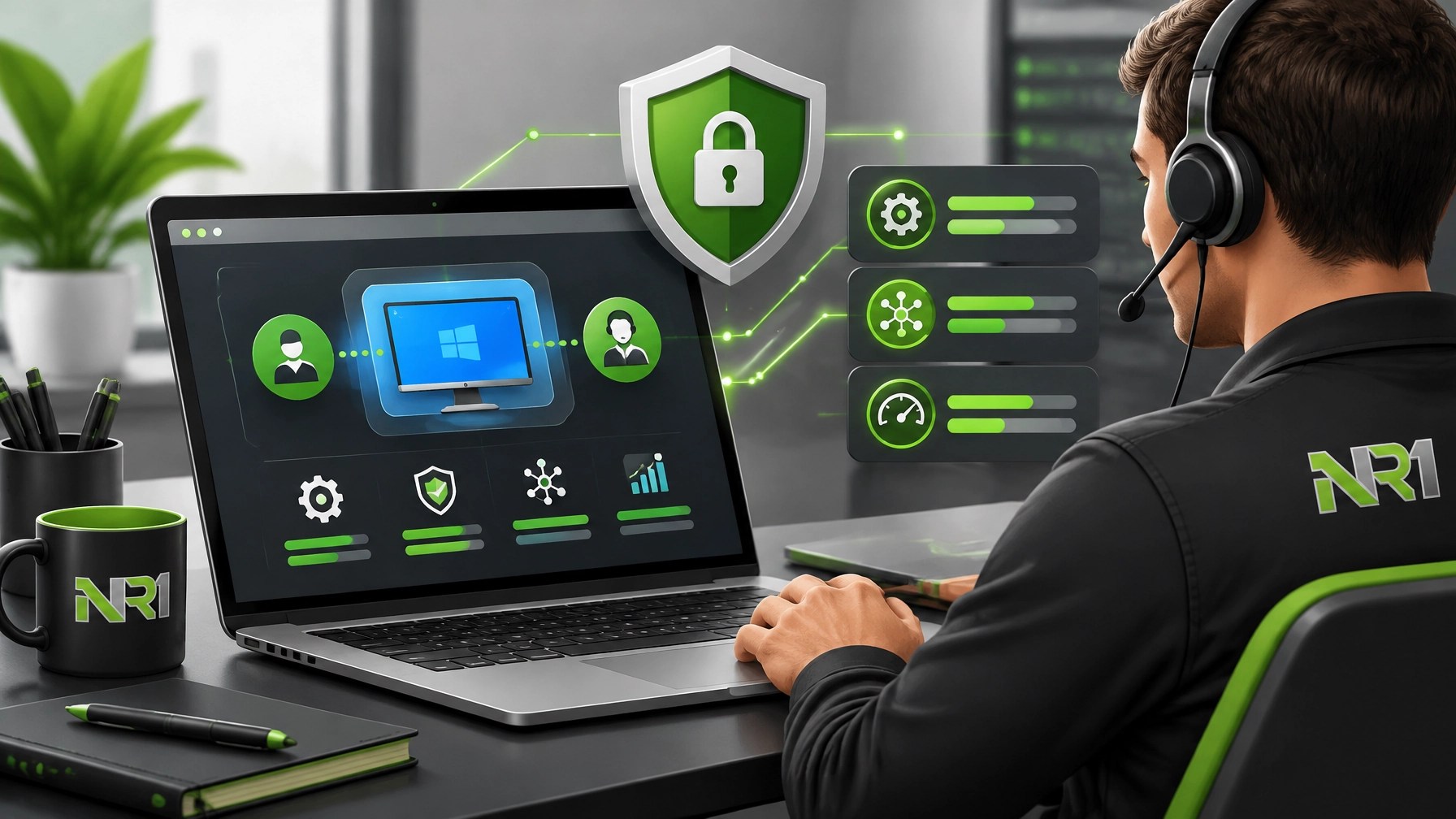 Secure remote IT support illustration with a laptop, shield, diagnostic nodes, and optimized performance indicators